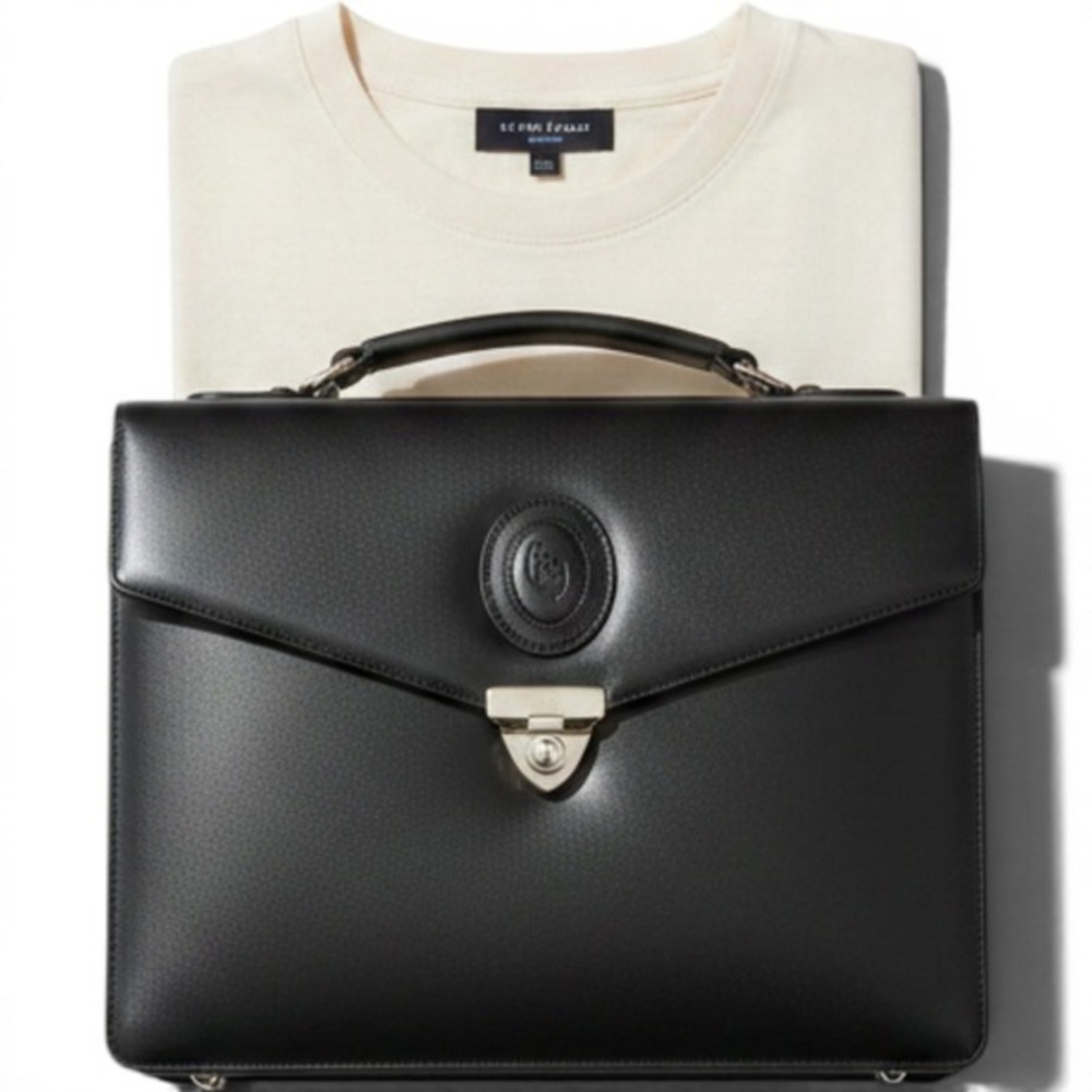 Vintage Black Leather Briefcase Satchel Top Handle Gold Hardware Crest Logo